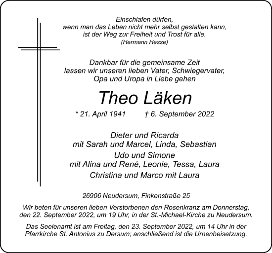 Traueranzeige von Theo Läken von Neue Osnabrücker Zeitung GmbH & Co. KG