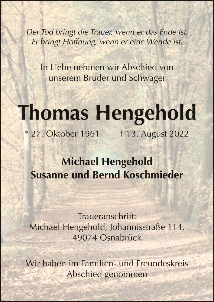  Traueranzeige für Thomas Hengehold vom 24.09.2022 aus Neue Osnabrücker Zeitung GmbH & Co. KG