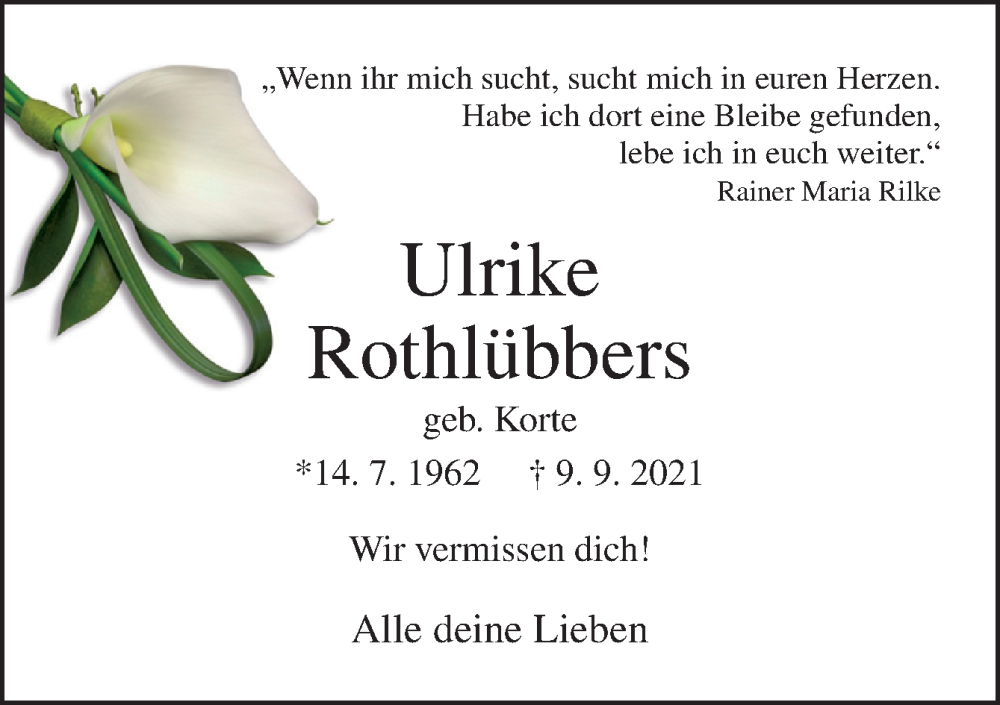  Traueranzeige für Ulrike Rothlübbers vom 09.09.2022 aus Neue Osnabrücker Zeitung GmbH & Co. KG