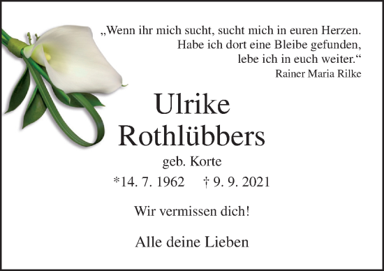 Traueranzeige von Ulrike Rothlübbers von Neue Osnabrücker Zeitung GmbH & Co. KG