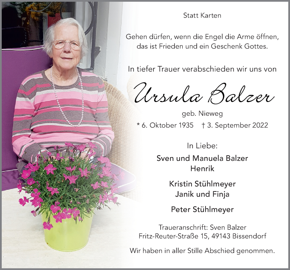  Traueranzeige für Ursula Balzer vom 17.09.2022 aus Neue Osnabrücker Zeitung GmbH & Co. KG