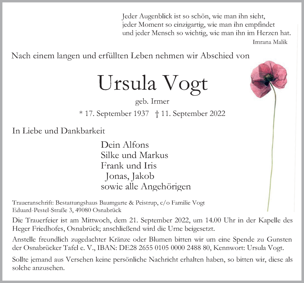  Traueranzeige für Ursula Vogt vom 17.09.2022 aus Neue Osnabrücker Zeitung GmbH & Co. KG