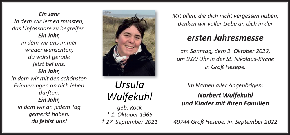  Traueranzeige für Ursula Wulfekuhl vom 28.09.2022 aus Neue Osnabrücker Zeitung GmbH & Co. KG