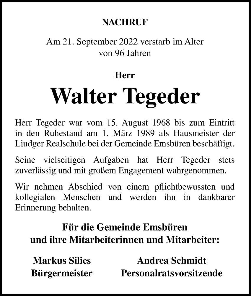  Traueranzeige für Walter Tegeder vom 29.09.2022 aus Neue Osnabrücker Zeitung GmbH & Co. KG