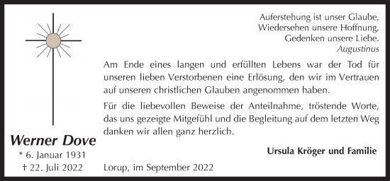 Traueranzeige von Werner Dove von Neue Osnabrücker Zeitung GmbH & Co. KG