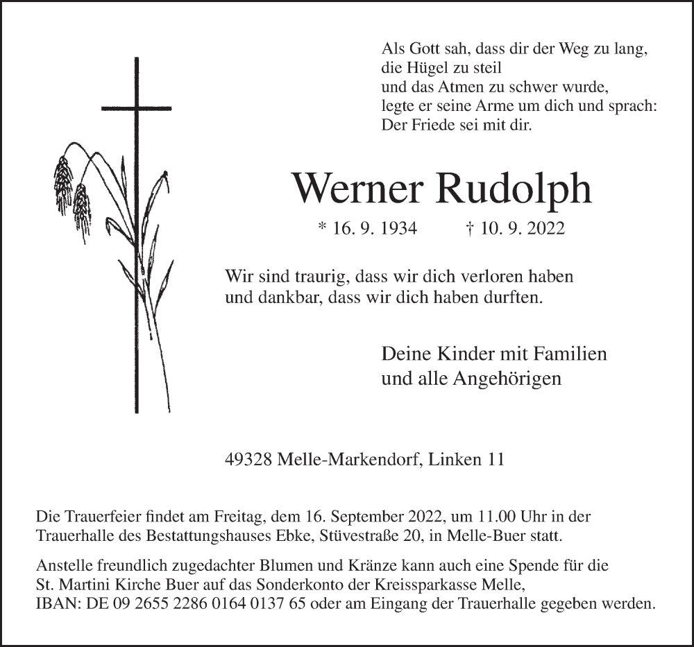  Traueranzeige für Werner Rudolph vom 13.09.2022 aus Neue Osnabrücker Zeitung GmbH & Co. KG