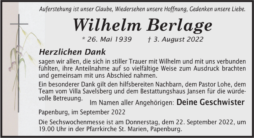  Traueranzeige für Wilhelm Berlage vom 19.09.2022 aus Neue Osnabrücker Zeitung GmbH & Co. KG