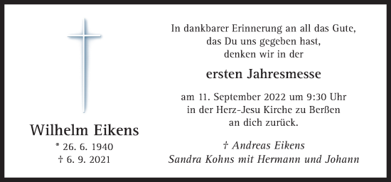 Traueranzeige von Wilhelm Eikens von Neue Osnabrücker Zeitung GmbH & Co. KG