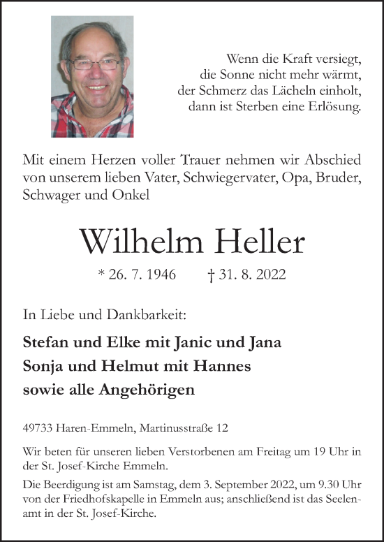 Traueranzeige von Wilhelm Heller von Neue Osnabrücker Zeitung GmbH & Co. KG