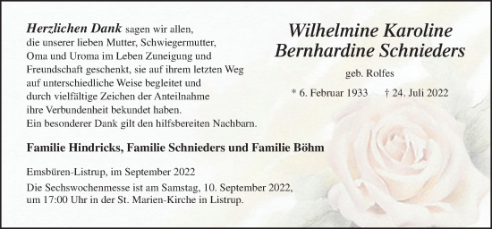 Traueranzeige von Wilhelmine Karoline Bernhardine Schnieders von Neue Osnabrücker Zeitung GmbH & Co. KG