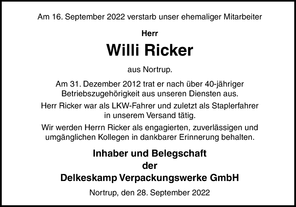  Traueranzeige für Willi Ricker vom 29.09.2022 aus Neue Osnabrücker Zeitung GmbH & Co. KG