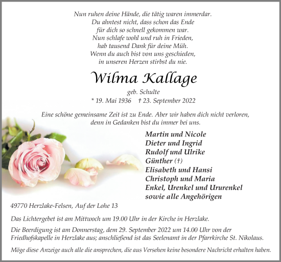 Traueranzeige von Wilma Kallage von Neue Osnabrücker Zeitung GmbH & Co. KG