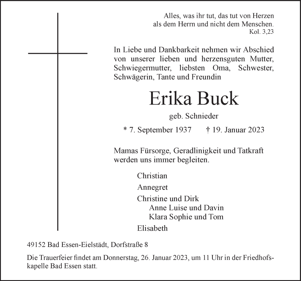  Traueranzeige für Erika Buck vom 21.01.2023 aus Neue Osnabrücker Zeitung GmbH & Co. KG