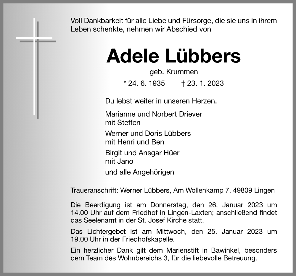  Traueranzeige für Adele Lübbers vom 25.01.2023 aus Neue Osnabrücker Zeitung GmbH & Co. KG