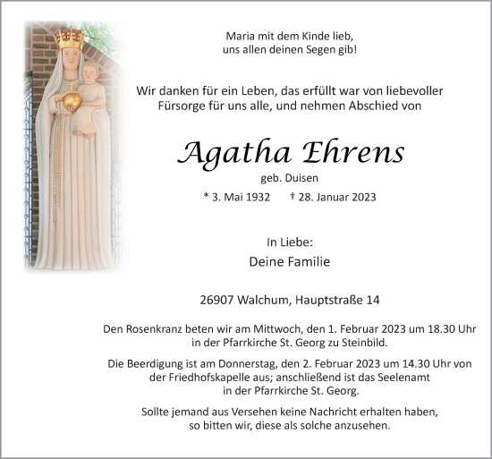 Traueranzeige von Agatha Ehrens von Neue Osnabrücker Zeitung GmbH & Co. KG