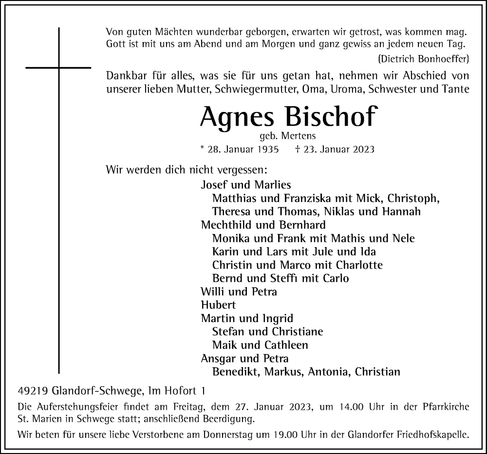  Traueranzeige für Agnes Bischof vom 25.01.2023 aus Neue Osnabrücker Zeitung GmbH & Co. KG