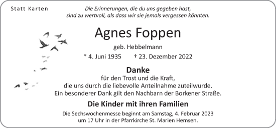 Traueranzeige von Agnes Foppen von Neue Osnabrücker Zeitung GmbH & Co. KG