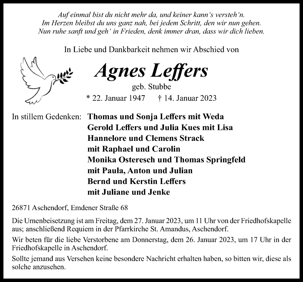  Traueranzeige für Agnes Leffers vom 21.01.2023 aus Neue Osnabrücker Zeitung GmbH & Co. KG