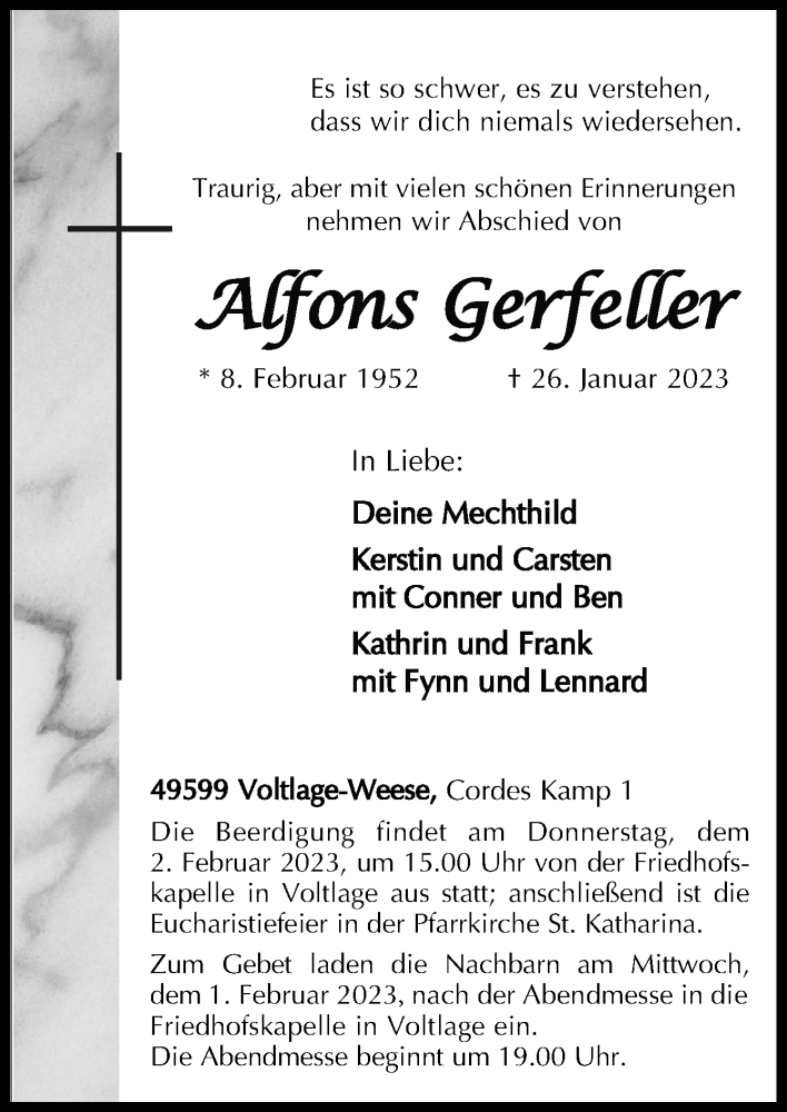  Traueranzeige für Alfons Gerfeller vom 30.01.2023 aus Neue Osnabrücker Zeitung GmbH & Co. KG