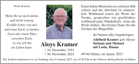 Traueranzeige von Aloys Kramer von Neue Osnabrücker Zeitung GmbH & Co. KG