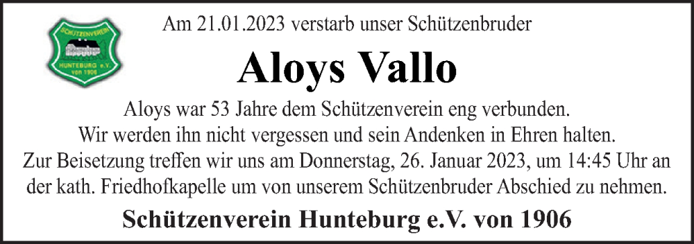  Traueranzeige für Aloys Vallo vom 25.01.2023 aus Neue Osnabrücker Zeitung GmbH & Co. KG