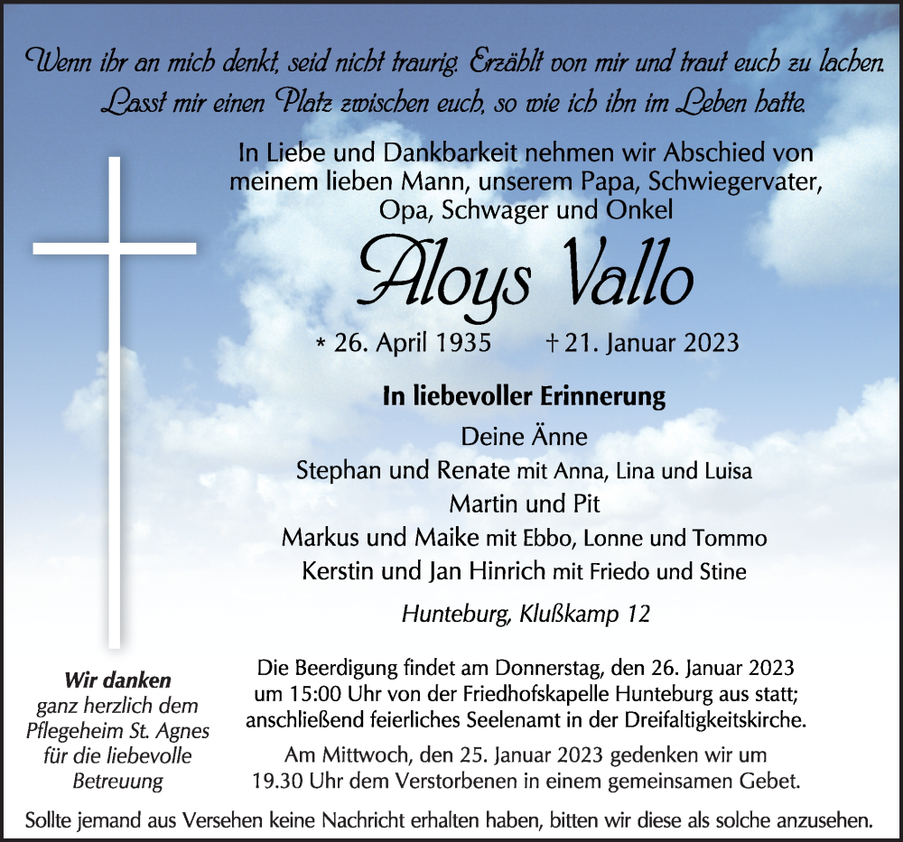  Traueranzeige für Aloys Vallo vom 23.01.2023 aus Neue Osnabrücker Zeitung GmbH & Co. KG