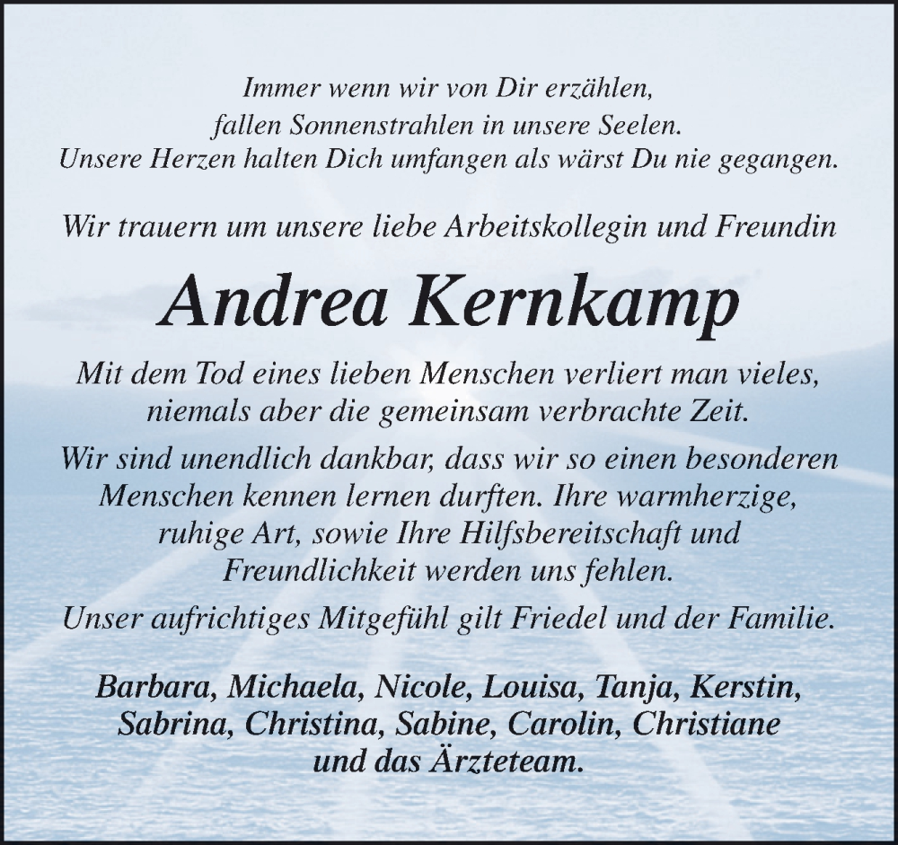  Traueranzeige für Andrea Kernkamp vom 05.01.2023 aus Neue Osnabrücker Zeitung GmbH & Co. KG