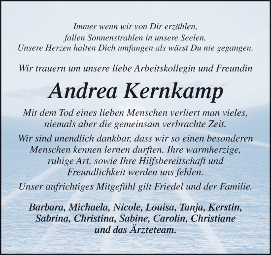 Traueranzeige von Andrea Kernkamp von Neue Osnabrücker Zeitung GmbH & Co. KG