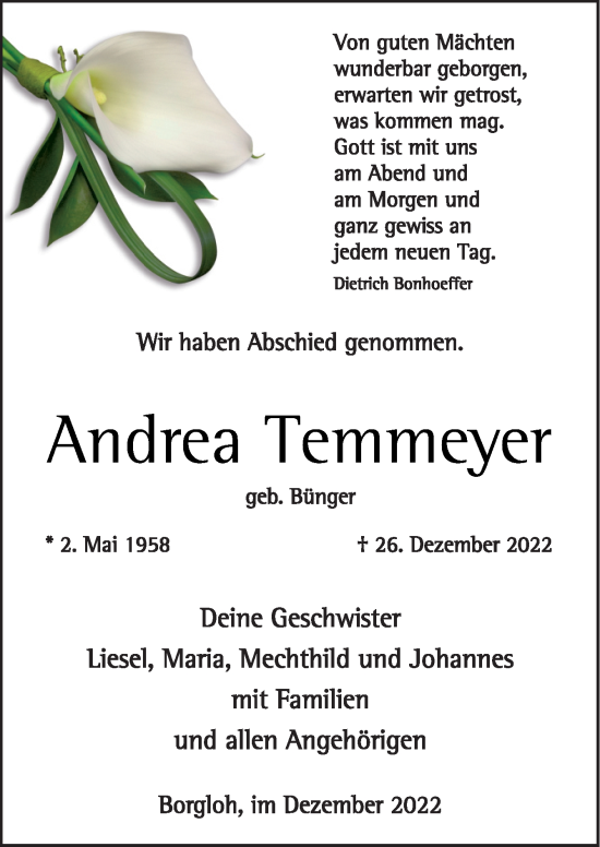 Traueranzeige von Andrea Temmeyer von Neue Osnabrücker Zeitung GmbH & Co. KG