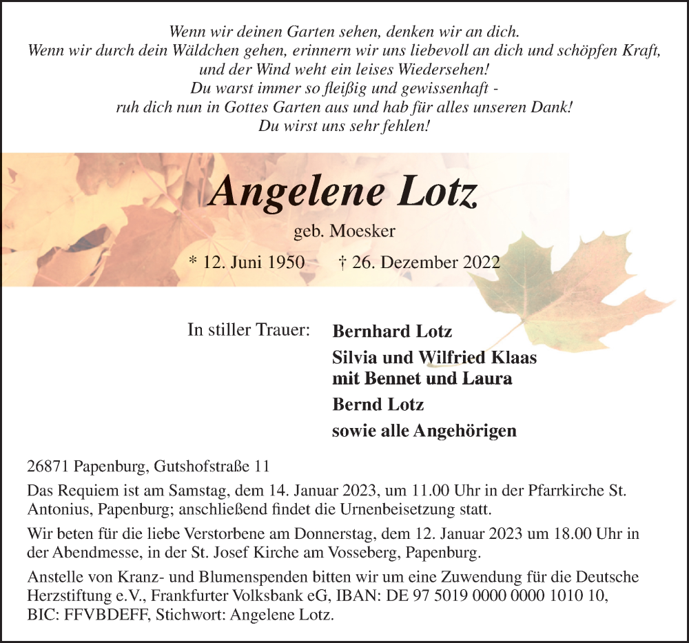  Traueranzeige für Angelene Lotz vom 10.01.2023 aus Neue Osnabrücker Zeitung GmbH & Co. KG