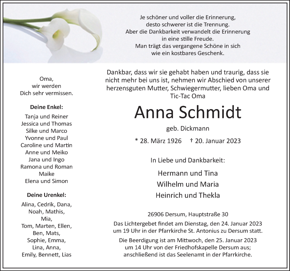  Traueranzeige für Anna Schmidt vom 23.01.2023 aus Neue Osnabrücker Zeitung GmbH & Co. KG