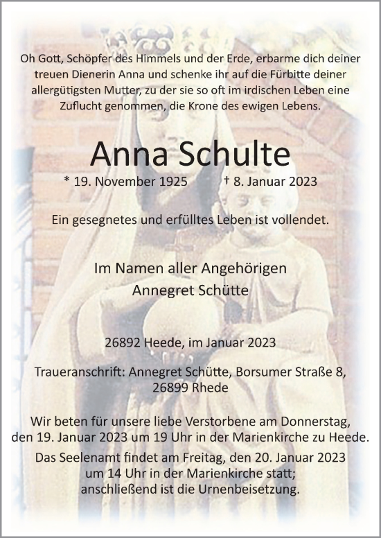 Traueranzeigen Von Anna Schulte Noz Trauerportal