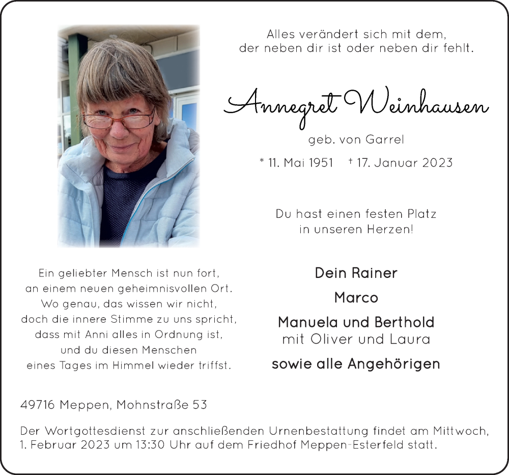  Traueranzeige für Annegret Weinhausen vom 21.01.2023 aus Neue Osnabrücker Zeitung GmbH & Co. KG