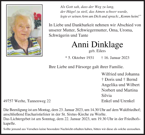 Traueranzeige von Anni Dinklage von Neue Osnabrücker Zeitung GmbH & Co. KG