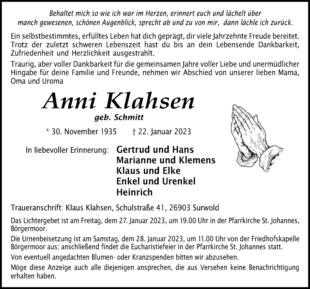  Traueranzeige für Anni Klahsen vom 24.01.2023 aus Neue Osnabrücker Zeitung GmbH & Co. KG