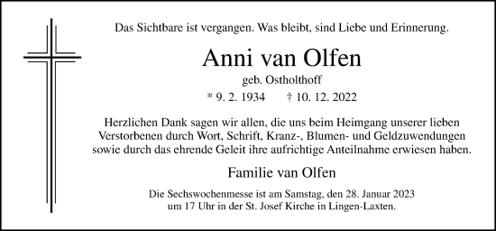 Traueranzeige von Anni van Olfen von Neue Osnabrücker Zeitung GmbH & Co. KG