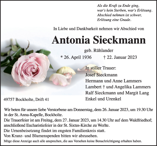 Traueranzeige von Antonia Sieckmann von Neue Osnabrücker Zeitung GmbH & Co. KG