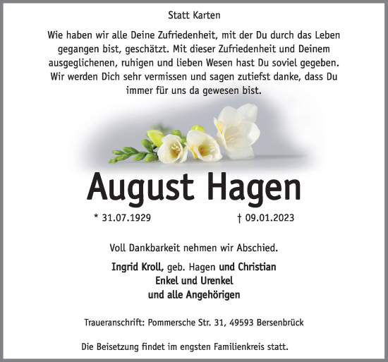 Traueranzeige von August Hagen von Neue Osnabrücker Zeitung GmbH & Co. KG