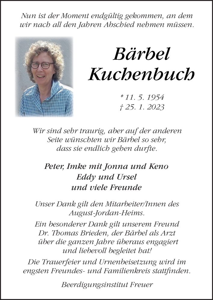  Traueranzeige für Bärbel Kuchenbuch vom 28.01.2023 aus DK Medien GmbH & Co. KG