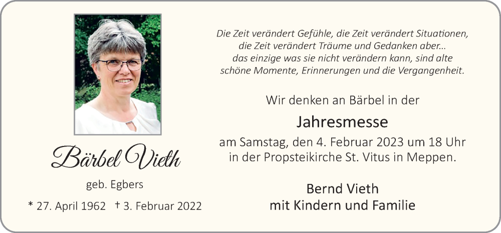  Traueranzeige für Bärbel Vieth vom 28.01.2023 aus Neue Osnabrücker Zeitung GmbH & Co. KG