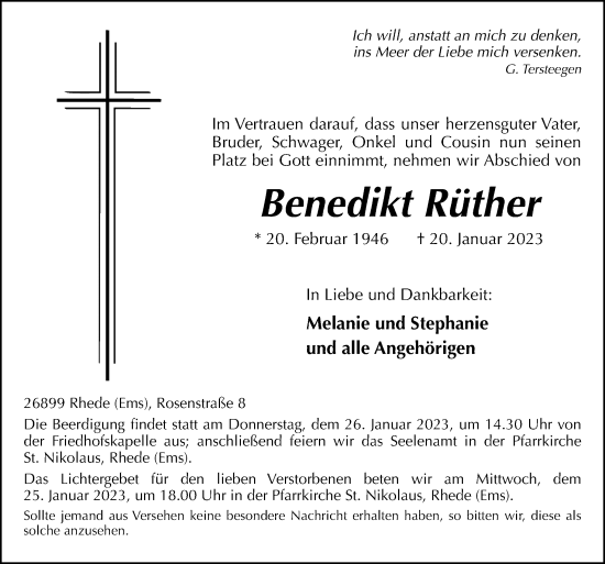 Traueranzeige von Benedikt Rüther von Neue Osnabrücker Zeitung GmbH & Co. KG