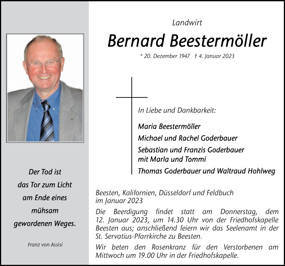  Traueranzeige für Bernard Beestermöller vom 09.01.2023 aus Neue Osnabrücker Zeitung GmbH & Co. KG