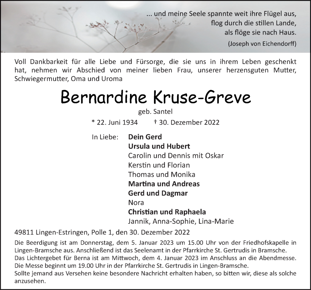  Traueranzeige für Bernardine Kruse-Greve vom 03.01.2023 aus Neue Osnabrücker Zeitung GmbH & Co. KG