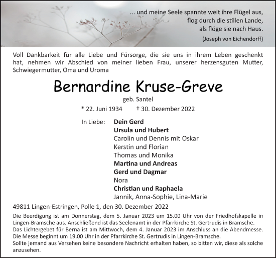 Traueranzeige von Bernardine Kruse-Greve von Neue Osnabrücker Zeitung GmbH & Co. KG