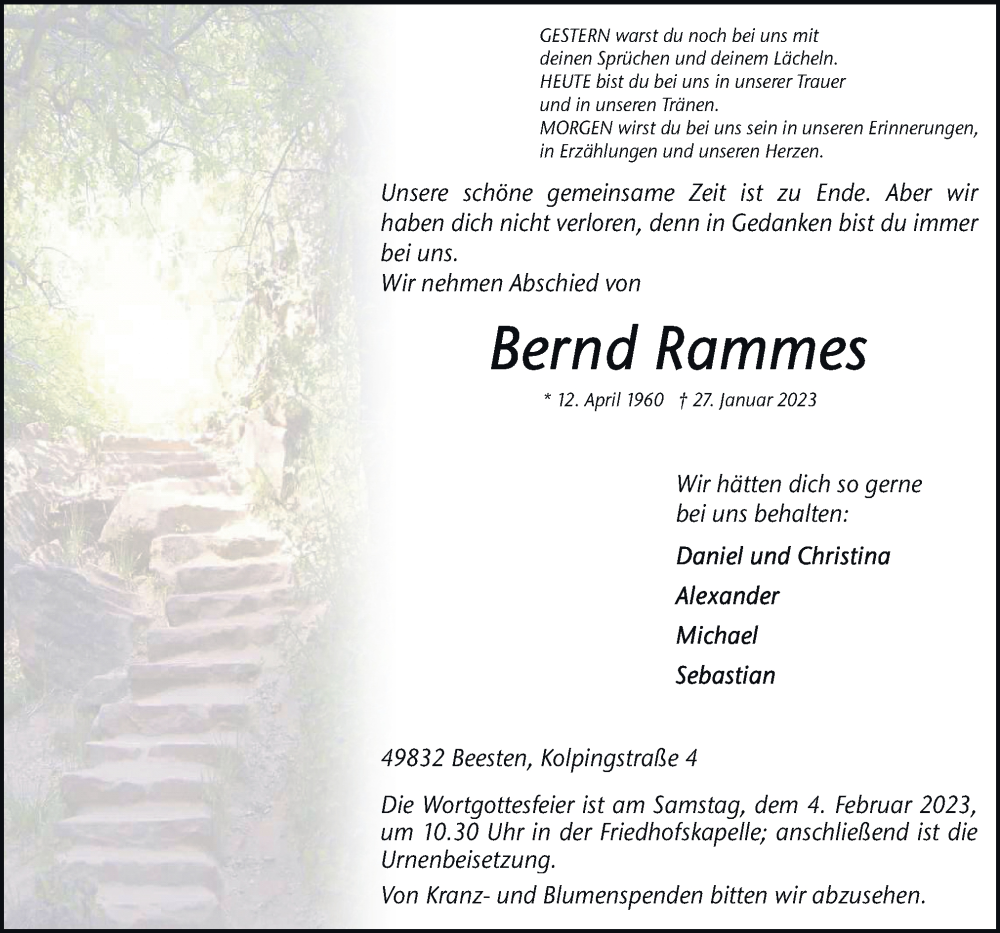  Traueranzeige für Bernd Rammes vom 31.01.2023 aus Neue Osnabrücker Zeitung GmbH & Co. KG