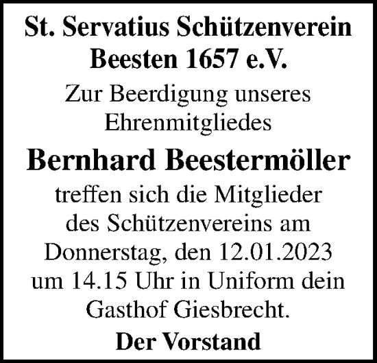 Traueranzeige von Bernhard Beestermöller von Neue Osnabrücker Zeitung GmbH & Co. KG