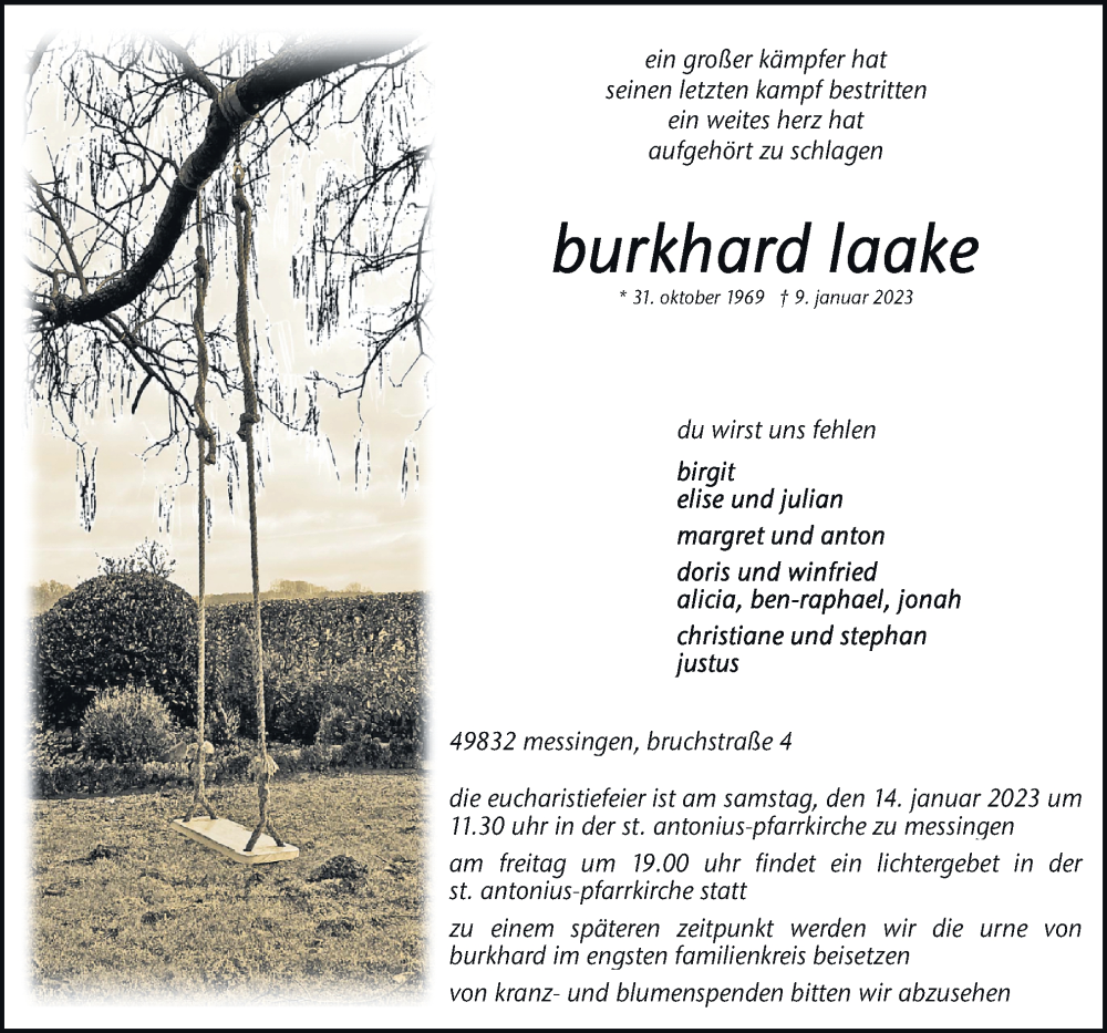  Traueranzeige für Burkhard Laake vom 12.01.2023 aus Neue Osnabrücker Zeitung GmbH & Co. KG