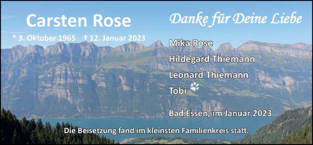  Traueranzeige für Carsten Rose vom 21.01.2023 aus Neue Osnabrücker Zeitung GmbH & Co. KG