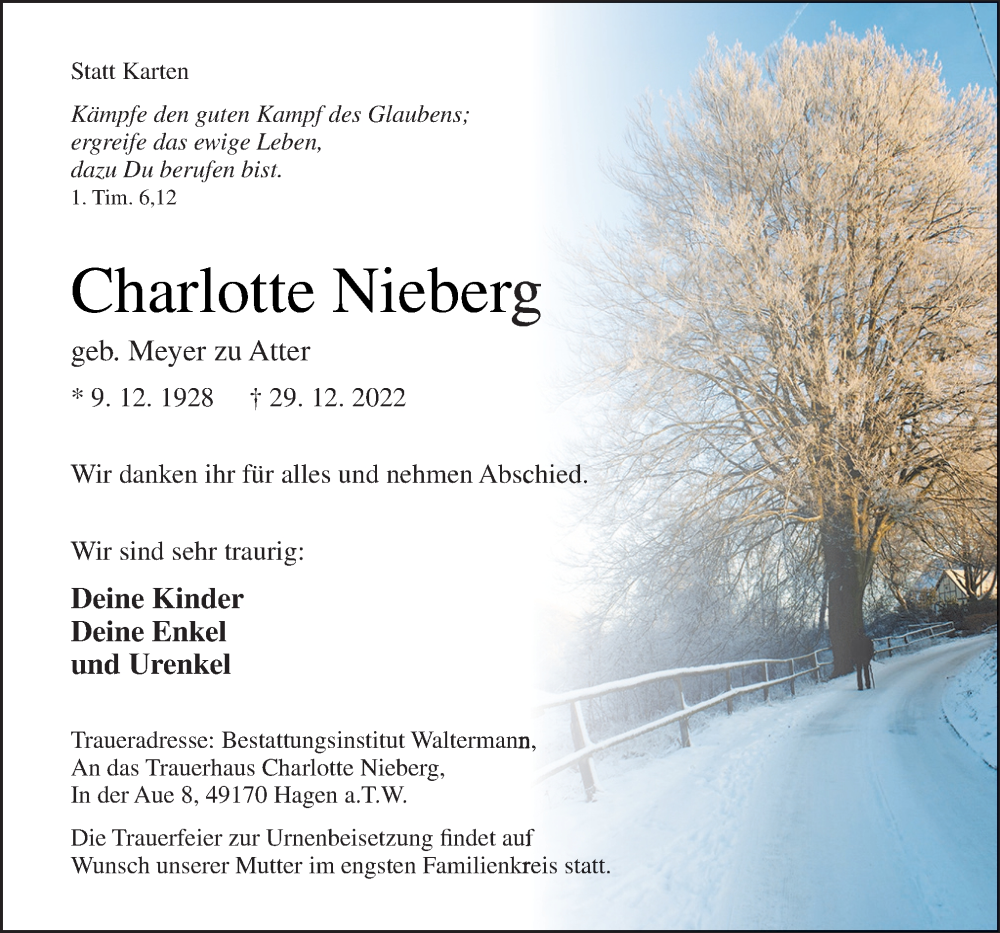  Traueranzeige für Charlotte Nieberg vom 07.01.2023 aus Neue Osnabrücker Zeitung GmbH & Co. KG