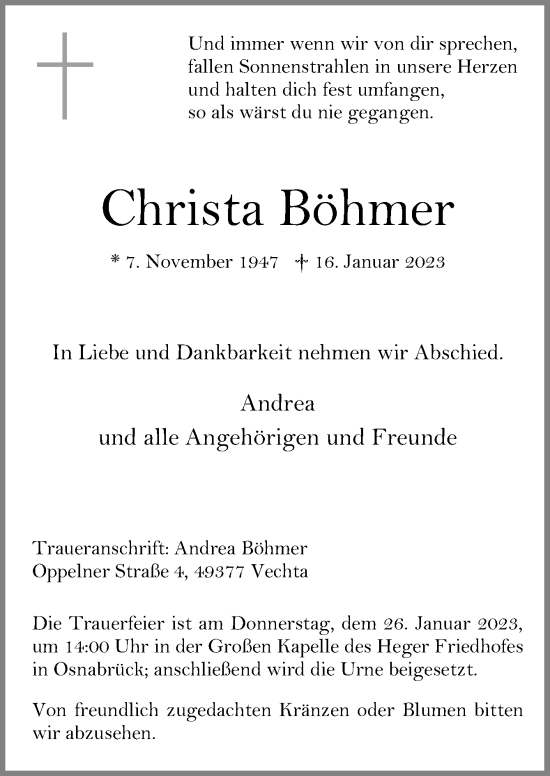 Traueranzeige von Christa Böhmer von Neue Osnabrücker Zeitung GmbH & Co. KG